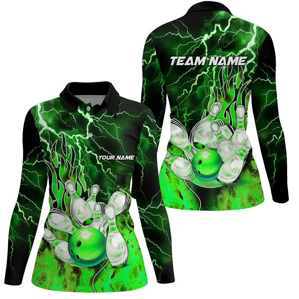 Damen Bowling Polo Shirt individuell gestaltet mit grünem Blitz und Donner Bowling Team Trikot, Geschenk für Team Bowlers Q7065 - Climcat