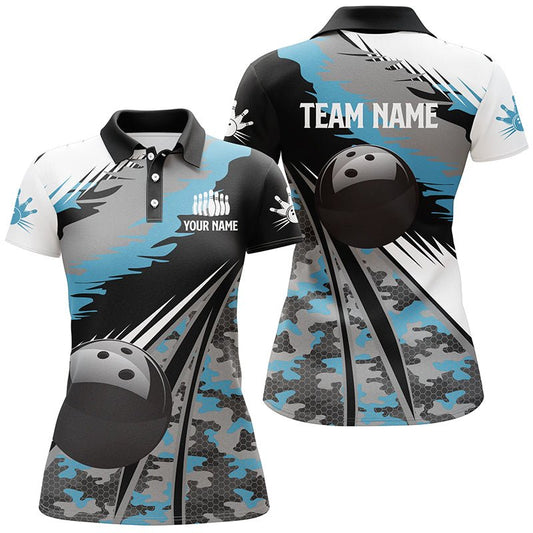 Damen Bowling Polo Shirt, individuell gestaltet mit schwarzer Kugel und blauem Camouflage-Muster, Bowling Team Trikot, Geschenk für Bowler Q5247 - Climcat