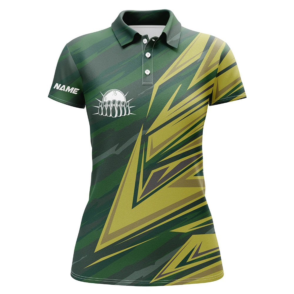 Damen Bowling Polo Shirt, individuell gestaltetes grün-gelbes Camouflage Bowling Team Trikot, Geschenk für Bowling-Team Bowlers Q6380 - Climcat