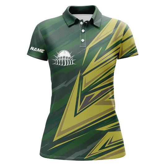 Damen Bowling Polo Shirt, individuell gestaltetes grün-gelbes Camouflage Bowling Team Trikot, Geschenk für Bowling-Team Bowlers Q6380 - Climcat