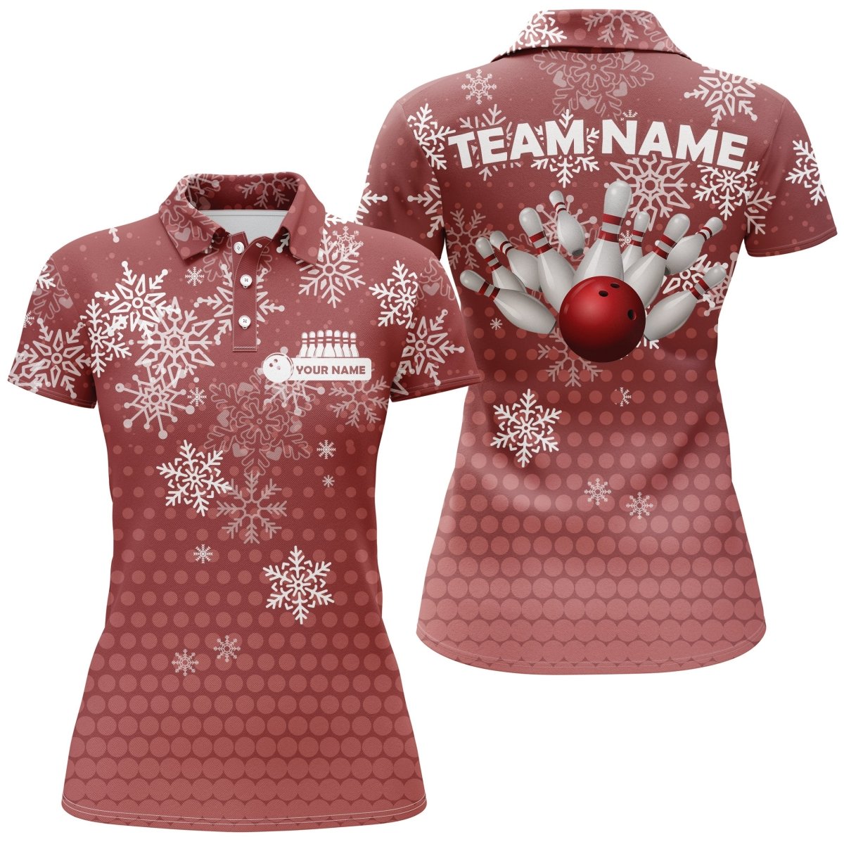 Damen Bowling Polo Shirt Individuell Weihnachts-Schneeflocken Bowlingkugel Pins Team Damen Trikot | Rot Q6616 - Climcat