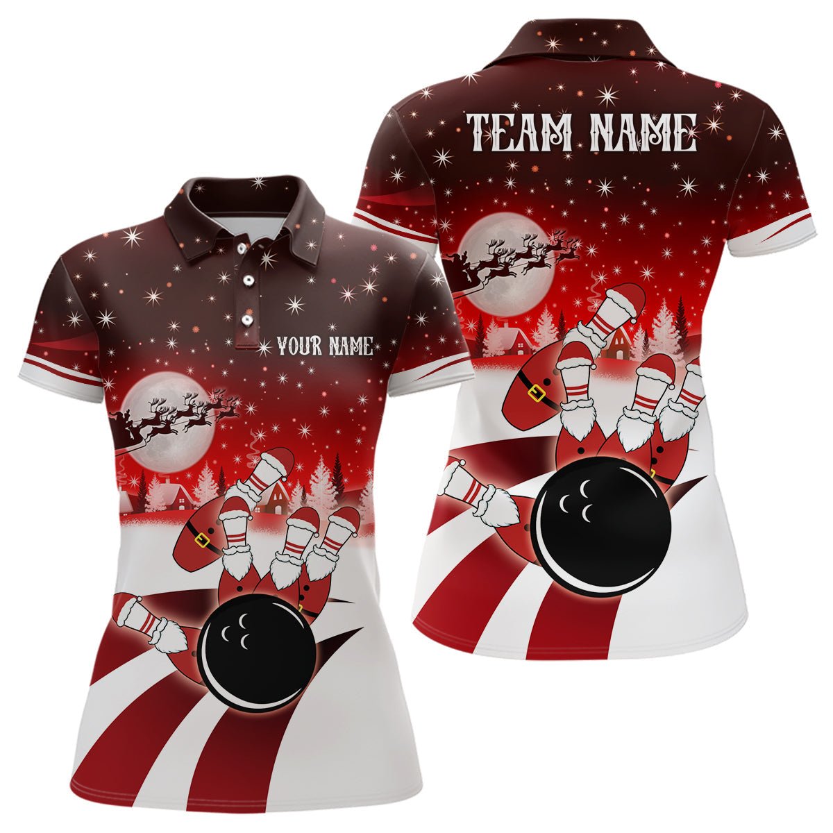 Damen Bowling Polo Shirt Individuell Weihnachtsmann Bowlingkugel Pins Team Damen Trikot | Rot Q6666 - Climcat