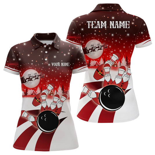 Damen Bowling Polo Shirt Individuell Weihnachtsmann Bowlingkugel Pins Team Damen Trikot | Rot Q6666 - Climcat