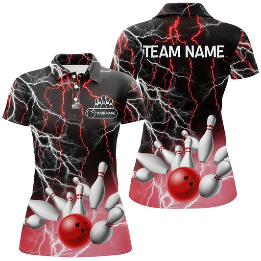Damen Bowling Polo Shirt | Individuelles Bowling Rot Blitz Donner Team Liga Trikot Q6672 - Climcat