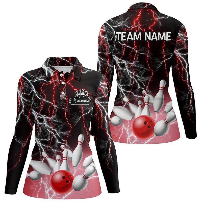 Damen Bowling Polo Shirt | Individuelles Bowling Rot Blitz Donner Team Liga Trikot Q6672 - Climcat