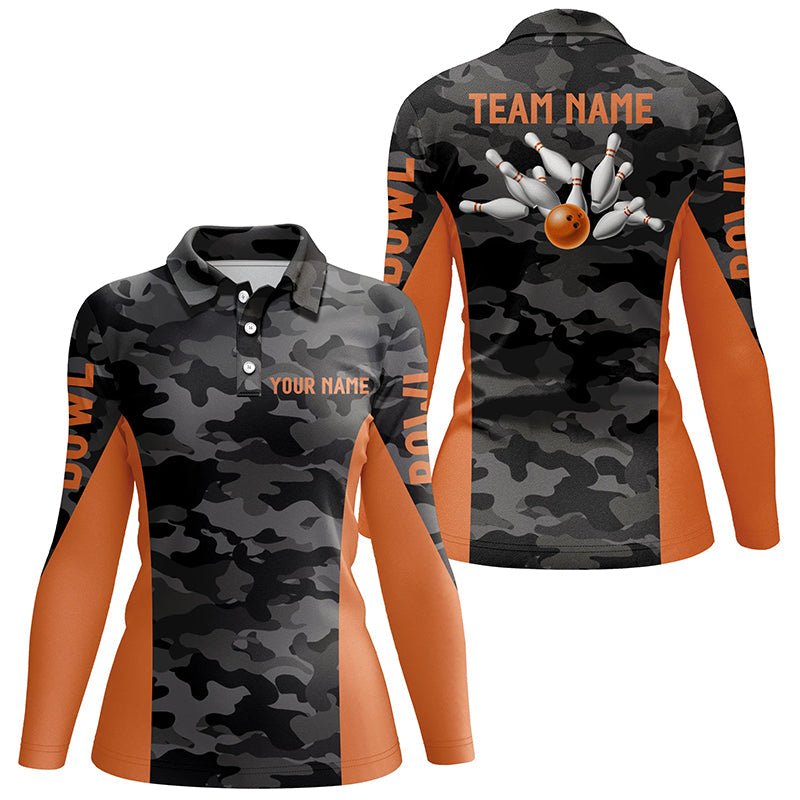 Damen Bowling Polo Shirt | Maßgeschneidertes graues Tarnmuster Bowling Team Trikot | Bowling Team Liga Shirt | Orange Q6149 - Climcat