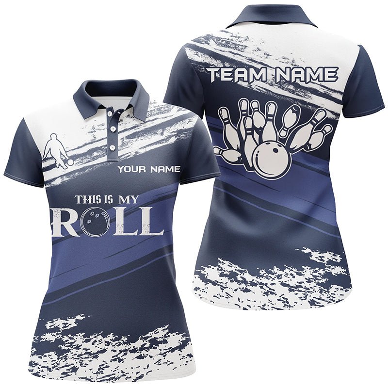 Damen Bowling Polo Shirt mit individuellem Namen in Marineblau und Weiß - Team Damen Bowlers Trikot "This is my roll" Q5869 - Climcat