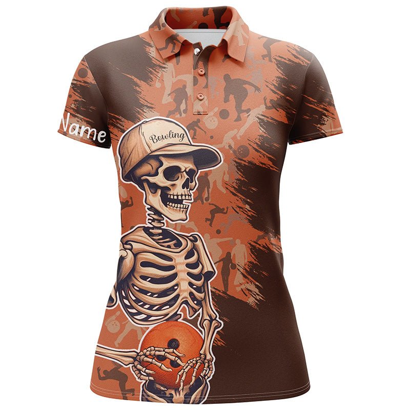 Damen Bowling Polo-Shirt mit kurzen Ärmeln in Orange Camouflage mit Totenkopf - Personalisierter Name - Frauen Bowling Trikot Q5796 - Climcat