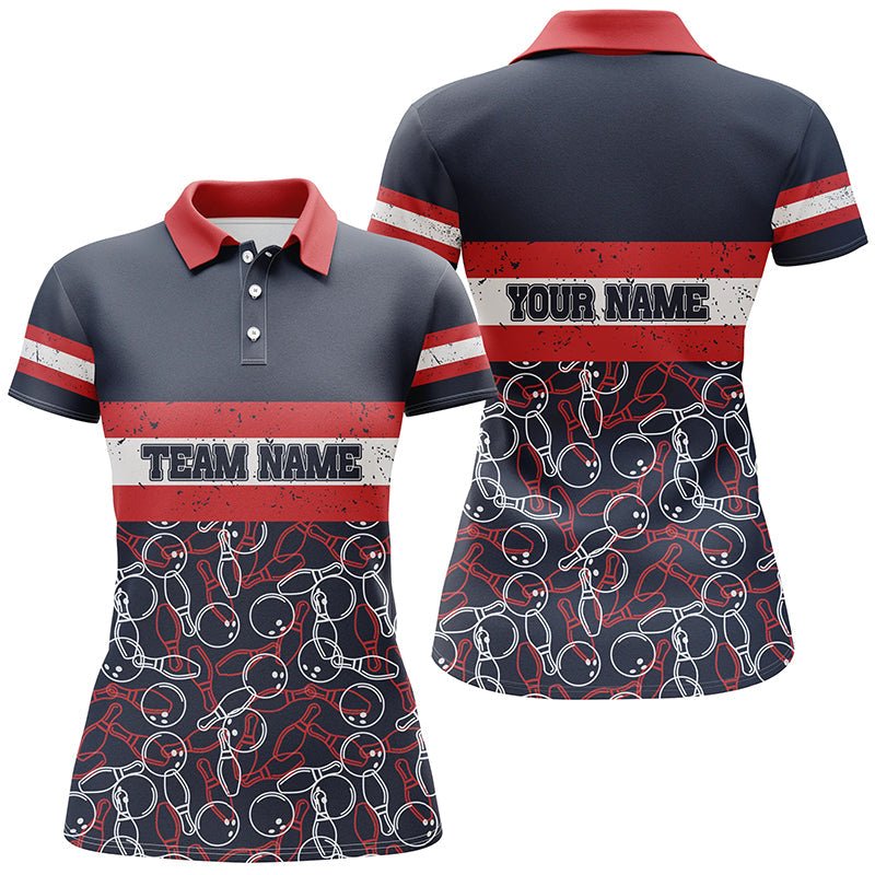 Damen Bowling Polo Shirt Personalisierter Name Rot und Blau Vintage Bowling Team Bowlers Trikots Q5274 - Climcat
