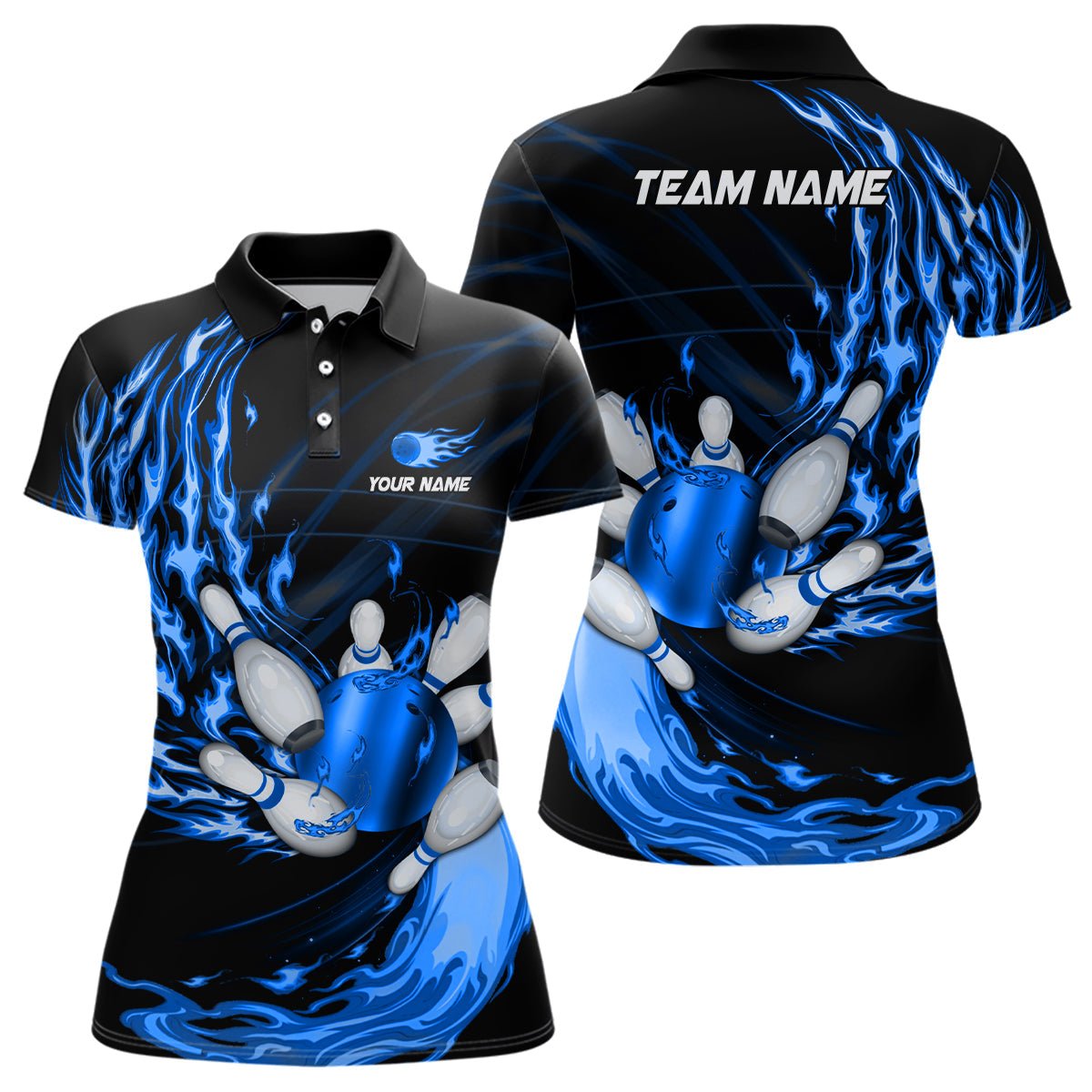 Damen Bowling Polo Shirt - Personalisiertes Blau Flammen Bowlingkugel und Pins Team Liga Bowler Trikot Q6977 - Climcat