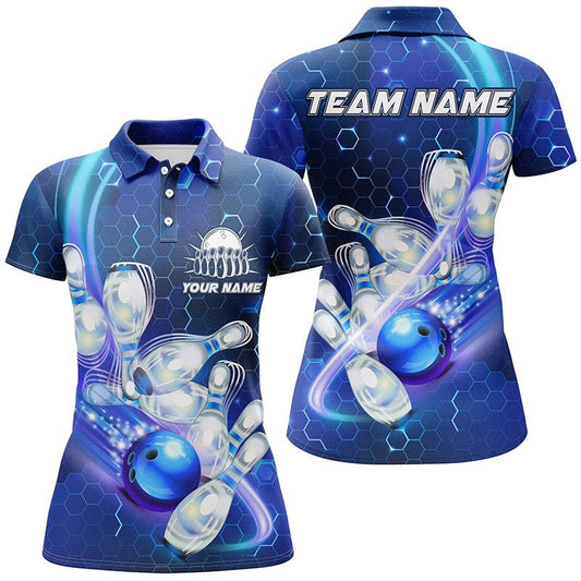 Damen Bowling Polo Shirt | Personalisiertes Blau-Licht Bowlingkugel Pins Hexagon Muster | Bowling Team Trikot Q6639 - Climcat