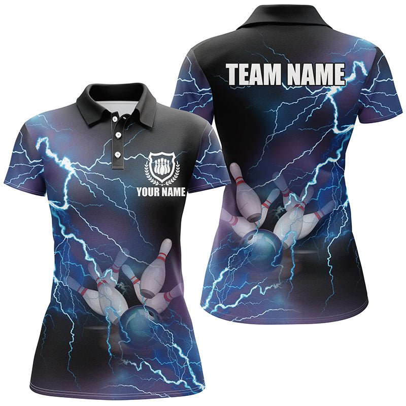 Damen Bowling Polo Shirt - Personalisiertes Blaues Blitz- und Donner-Bowling Team Trikot, Geschenk für Team Bowler Q5244 - Climcat