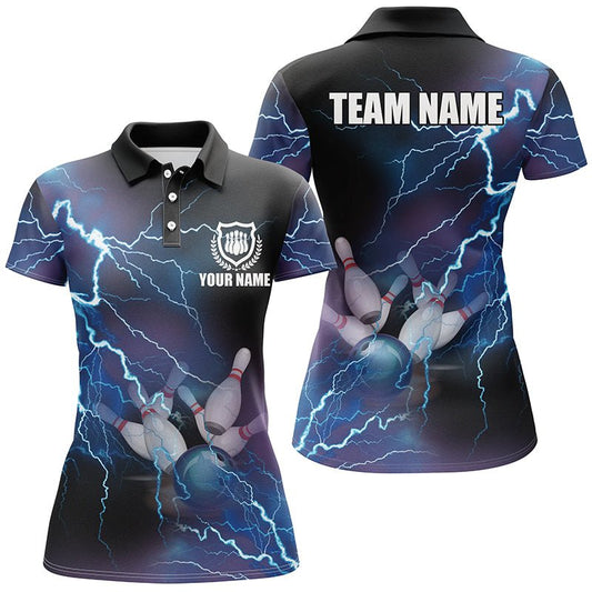 Damen Bowling Polo Shirt - Personalisiertes Blaues Blitz- und Donner-Bowling Team Trikot, Geschenk für Team Bowler Q5244 - Climcat
