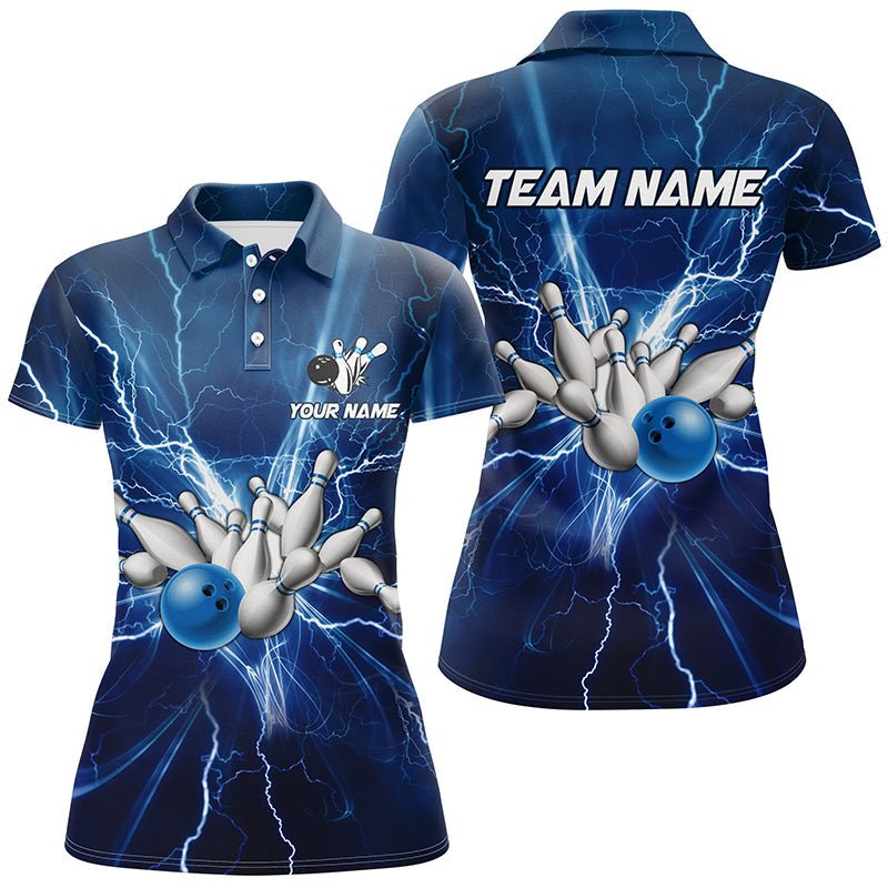 Damen Bowling Polo Shirt - Personalisiertes Blaues Blitz- und Donner-Bowling Team Trikot, Geschenk für Team Bowlers Q6638 - Climcat