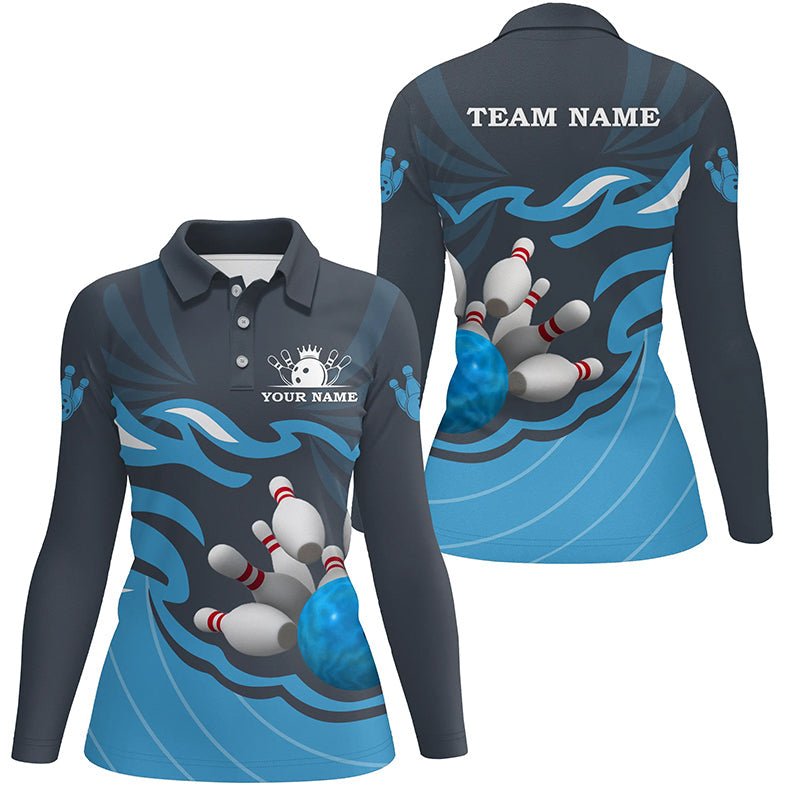 Damen Bowling Polo Shirt | Personalisiertes Bowling-Geschenk | Individuelles Bowling-Team Liga Trikot | Blau Q6266 - Climcat