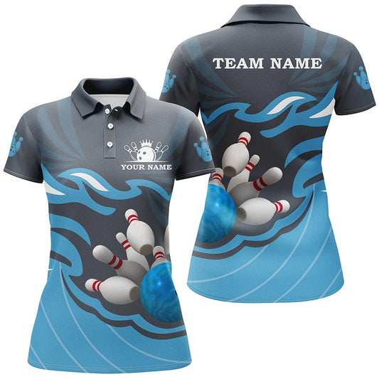 Damen Bowling Polo Shirt | Personalisiertes Bowling-Geschenk | Individuelles Bowling-Team Liga Trikot | Blau Q6266 - Climcat