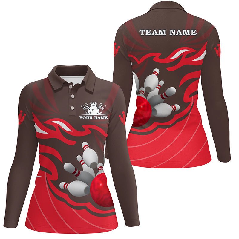 Damen Bowling Polo Shirt | Personalisiertes Bowling-Geschenk | Individuelles Bowling-Team-Liga-Trikot mit Bowlingkugel-Pins | Rot Q6301 - Climcat