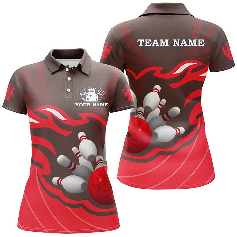 Damen Bowling Polo Shirt | Personalisiertes Bowling-Geschenk | Individuelles Bowling-Team-Liga-Trikot mit Bowlingkugel-Pins | Rot Q6301 - Climcat