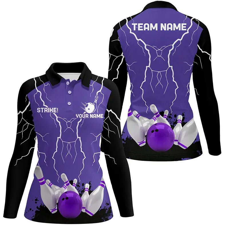 Damen Bowling Polo Shirt | Personalisiertes Bowling Strike Lightning Storm Thunder Team Liga Trikot | Lila Q6645 - Climcat