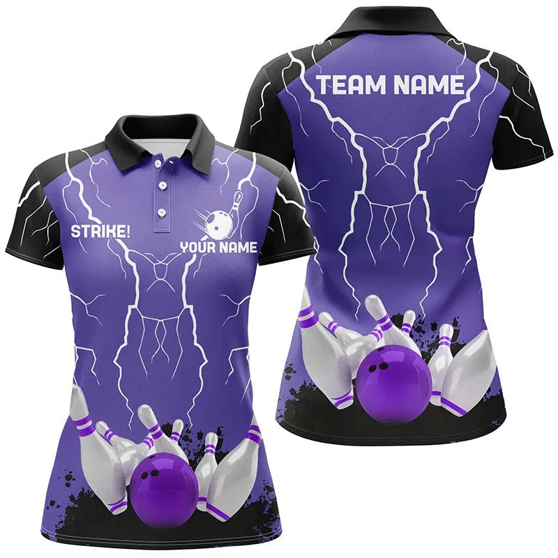 Damen Bowling Polo Shirt | Personalisiertes Bowling Strike Lightning Storm Thunder Team Liga Trikot | Lila Q6645 - Climcat