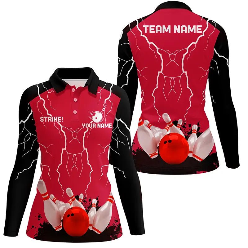 Damen Bowling Polo Shirt | Personalisiertes Bowling Strike Lightning Storm Thunder Team Liga Trikot | Rot Q6646 - Climcat