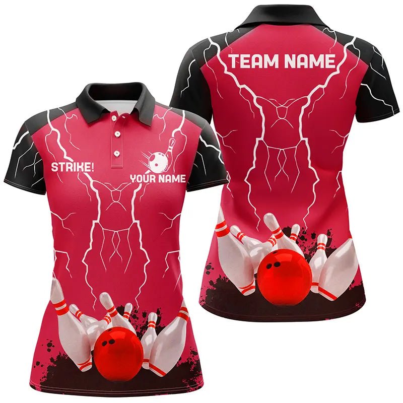 Damen Bowling Polo Shirt | Personalisiertes Bowling Strike Lightning Storm Thunder Team Liga Trikot | Rot Q6646 - Climcat