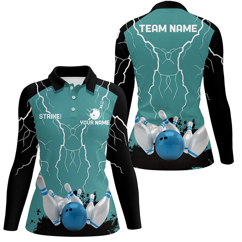 Damen Bowling Polo Shirt | Personalisiertes Bowling Strike Lightning Storm Thunder Team Liga Trikot | Türkis Q6342 - Climcat
