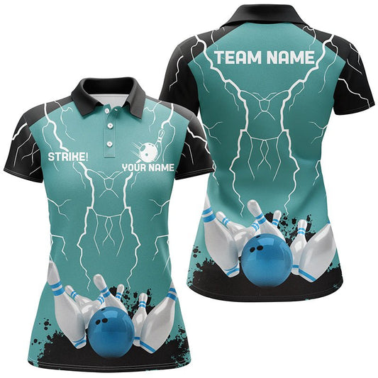 Damen Bowling Polo Shirt | Personalisiertes Bowling Strike Lightning Storm Thunder Team Liga Trikot | Türkis Q6342 - Climcat