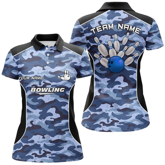 Damen Bowling Polo Shirt | Personalisiertes Bowlingball und Pins Blau Camo | Bowling Team Trikot für Frauen Q6361 - Climcat