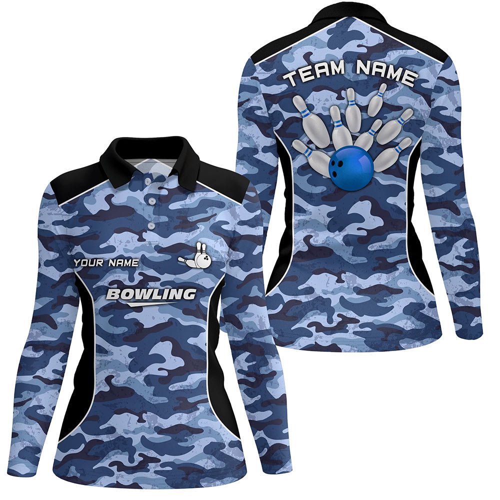 Damen Bowling Polo Shirt | Personalisiertes Bowlingball und Pins Blau Camo | Bowling Team Trikot für Frauen Q6361 - Climcat