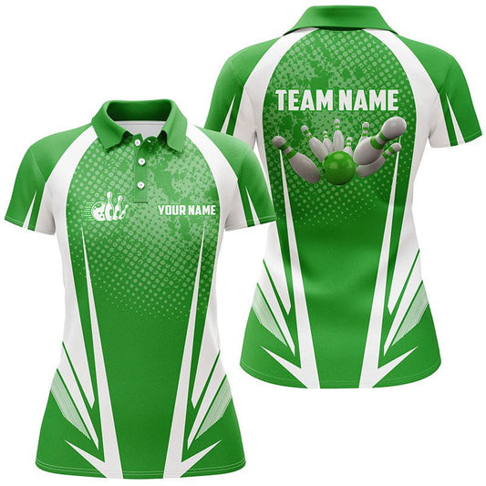 Damen Bowling Polo Shirt | Personalisiertes Bowlingball und Pins Design | Grün-Weißes Team | Damen Bowlers Trikot Q5965 - Climcat