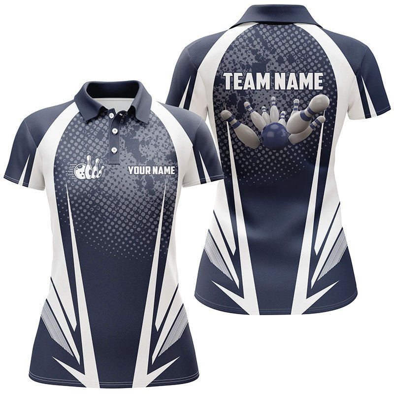 Damen Bowling Polo Shirt - Personalisiertes Bowlingball und Pins Design - Navy und Weiß - Team Damen Bowlers Trikots Q5964 - Climcat