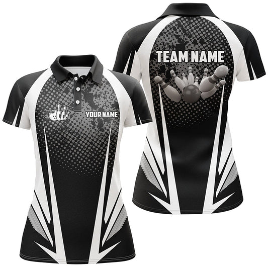 Damen Bowling Polo Shirt - Personalisiertes Bowlingball und Pins Design - Schwarz-Weißes Team - Damen Bowlers Trikot Q5873 - Climcat