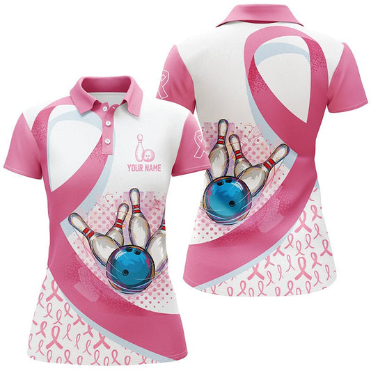 Damen Bowling Polo Shirt - Personalisiertes Pink Ribbon Bowlingkugel-Pins Brustkrebs-Bewusstseins-Bowlingtrikot Q6338 - Climcat