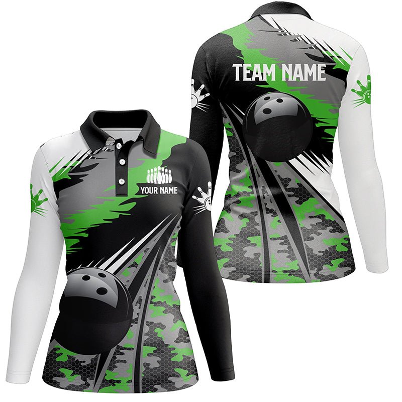 Damen Bowling Polo Shirt - Personalisiertes schwarzes Ball grünes Camo Bowling Team Trikot, Geschenk für Bowler Q5422 - Climcat