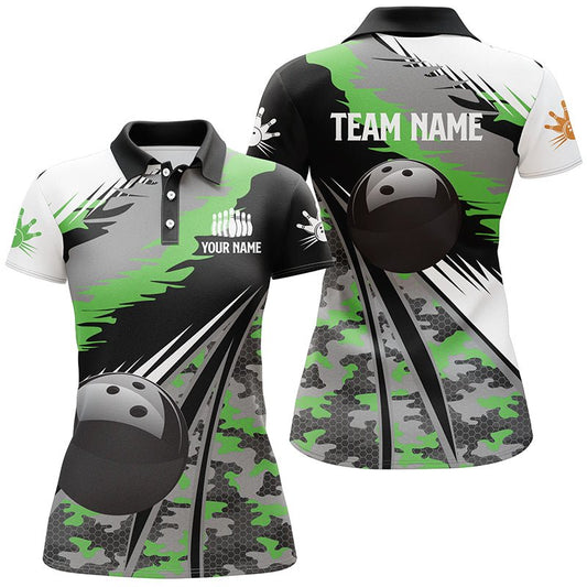 Damen Bowling Polo Shirt - Personalisiertes schwarzes Ball grünes Camo Bowling Team Trikot, Geschenk für Bowler Q5422 - Climcat