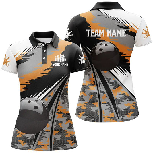 Damen Bowling Polo Shirt - Personalisiertes Schwarzes Ball Orange Camo Bowling Team Trikot, Geschenk für Bowler Q5423 - Climcat