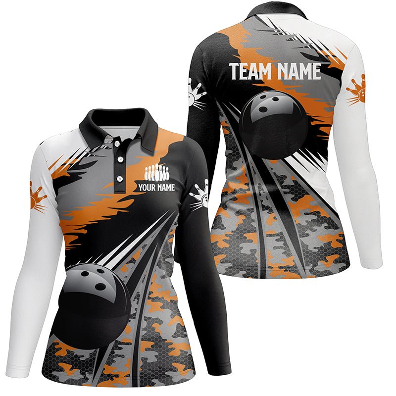Damen Bowling Polo Shirt - Personalisiertes Schwarzes Ball Orange Camo Bowling Team Trikot, Geschenk für Bowler Q5423 - Climcat