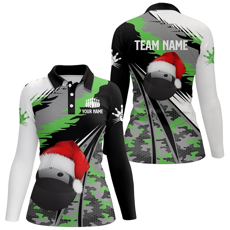 Damen Bowling Polo Shirt - Personalisiertes Weihnachts-Bowlingball-Design - Grün Camouflage - Bowling Team Liga Trikot Q6794 - Climcat