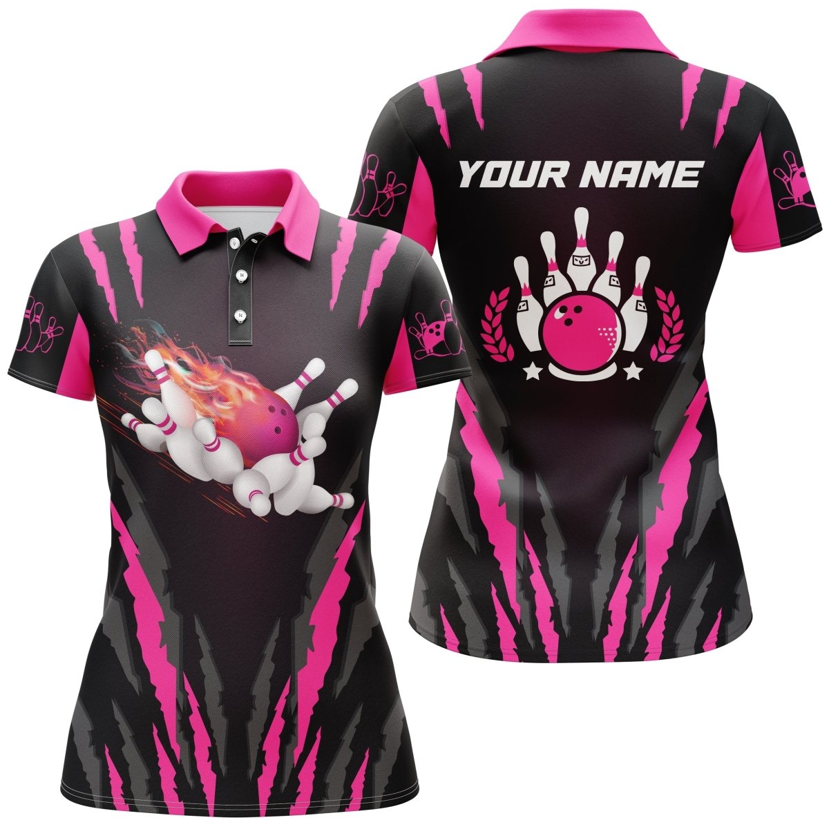 Damen Bowling Polo Shirts individuell gestaltet mit Flammen Bowlingkugel & Pins Bowling Trikots, Bowlinggeschenke | Pink Q5494 - Climcat
