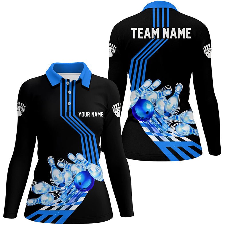 Damen Bowling Polo Shirts - Personalisierte Bowling Team Liga Trikots, Geschenke für Bowler | Blau Q7070 - Climcat