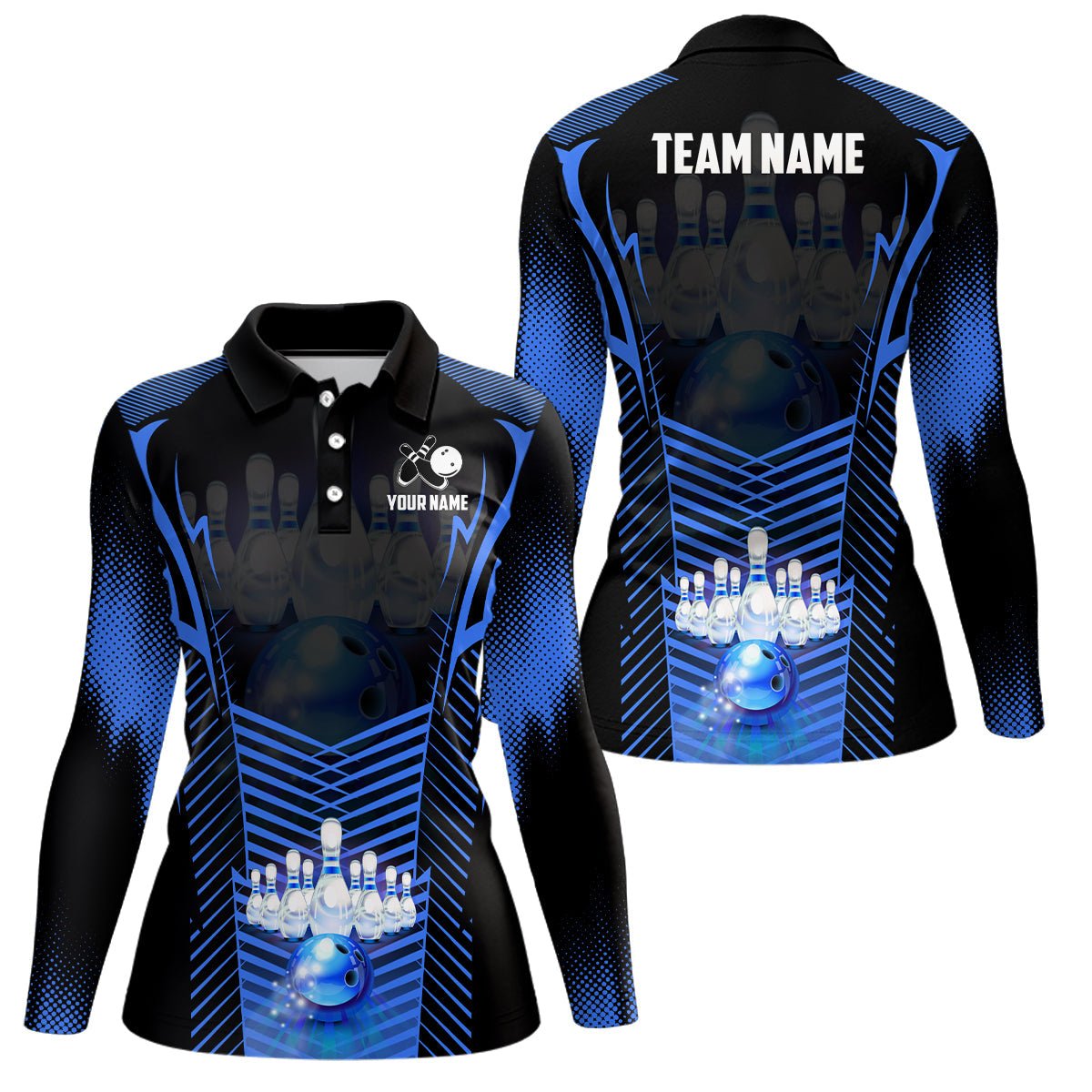 Damen Bowling Polo Shirts - Personalisierte Bowlingkugel und Pins Team Liga Trikots, Geschenke für Bowler | Blau Q7071 - Climcat