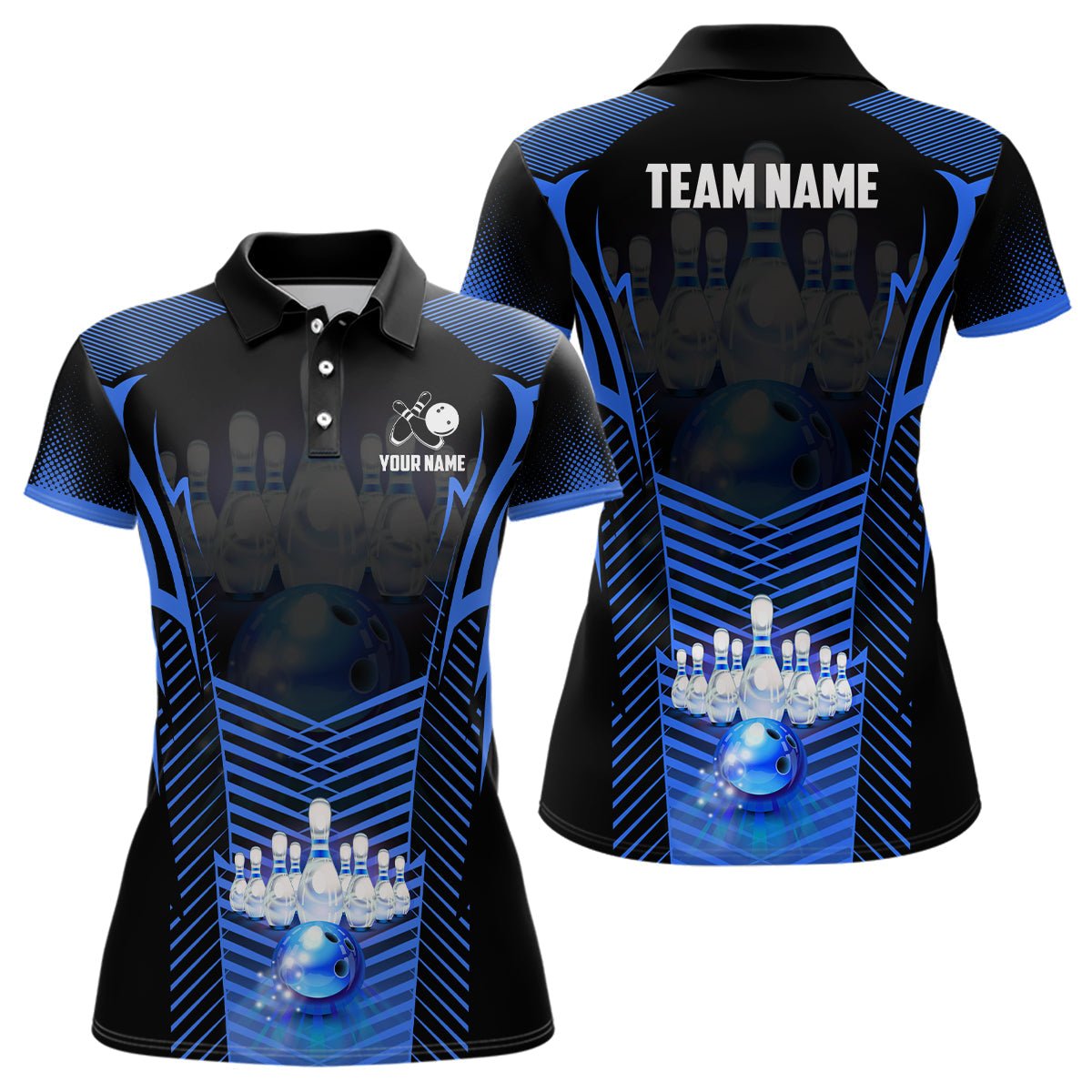 Damen Bowling Polo Shirts - Personalisierte Bowlingkugel und Pins Team Liga Trikots, Geschenke für Bowler | Blau Q7071 - Climcat