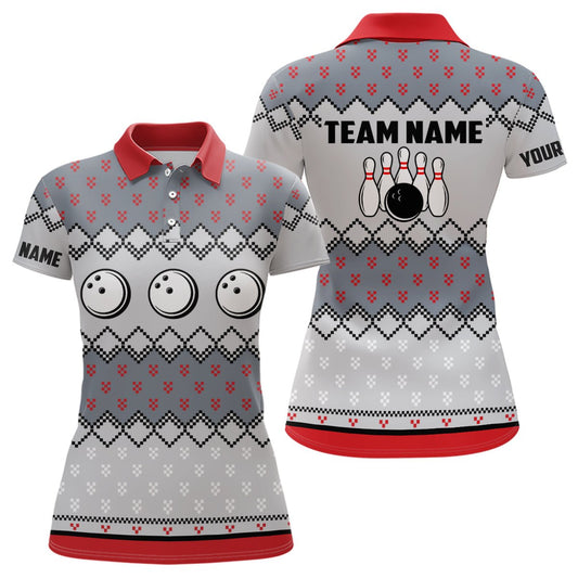 Damen Bowling Polo Shirts - Personalisiertes Bowling Trikot mit hässlichem Weihnachtsmuster - Bowlingkugel Pins Team - Q6727 - Climcat