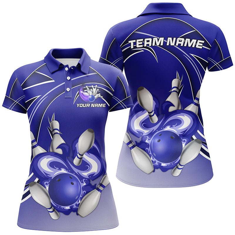 Damen Bowling Polo Shirts - Personalisiertes Bowlingkugel und Pins Team Liga Trikot, Geschenke für Bowler | Blau Q7073 - Climcat