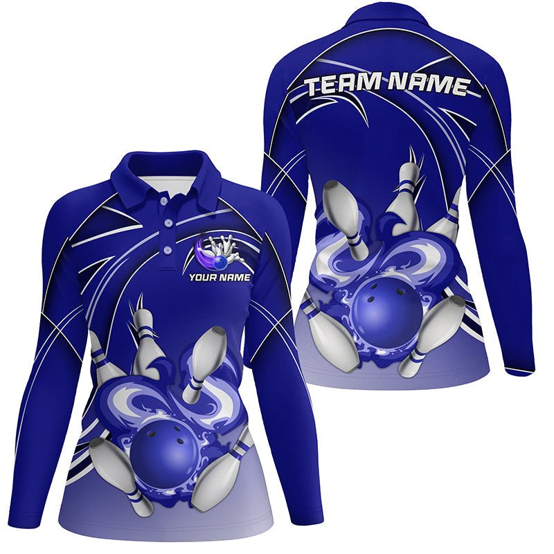 Damen Bowling Polo Shirts - Personalisiertes Bowlingkugel und Pins Team Liga Trikot, Geschenke für Bowler | Blau Q7073 - Climcat