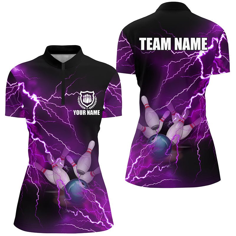 Damen Bowling-Quarter-Zip-Shirt, individuell gestaltet mit lila Blitz und Donner, Bowling-Teamtrikot, Geschenk für Bowler Q6220 - Climcat