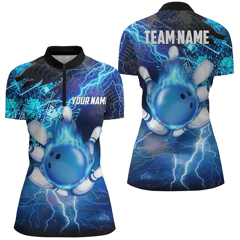 Damen Bowling Quarter-Zip Shirt | Personalisiertes Bowling Trikot mit Flammen, Blitz und Donner für Damen | Blau Q6507 - Climcat