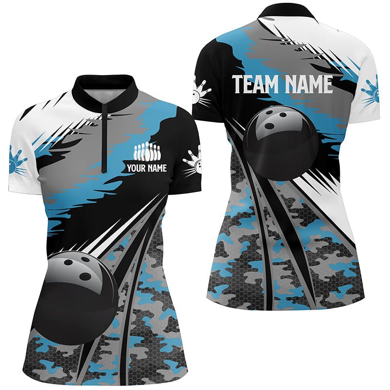 Damen Bowling-Quarter-Zip-Shirts individuell gestaltet, schwarz mit blauem Tarnmuster, Bowling-Team-Trikot, Geschenk für Bowler Q5247 - Climcat
