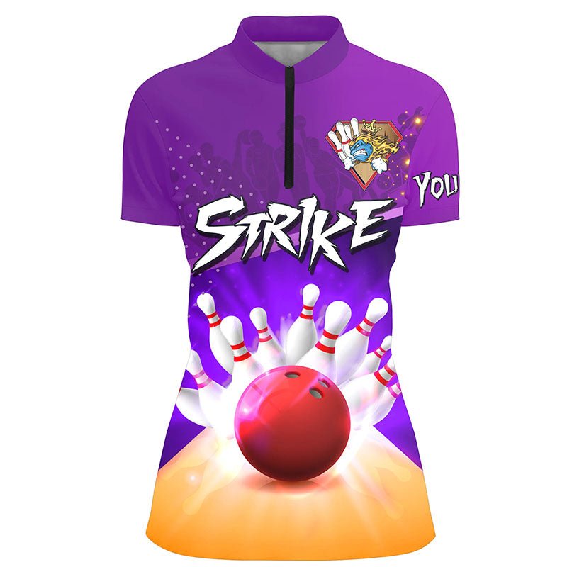 Damen Bowling Viertel-Zip Maßgeschneidertes Bowlingkugel- und Pins-Strike-Lila-Team Damen Bowlers Trikot Q5948 - Climcat
